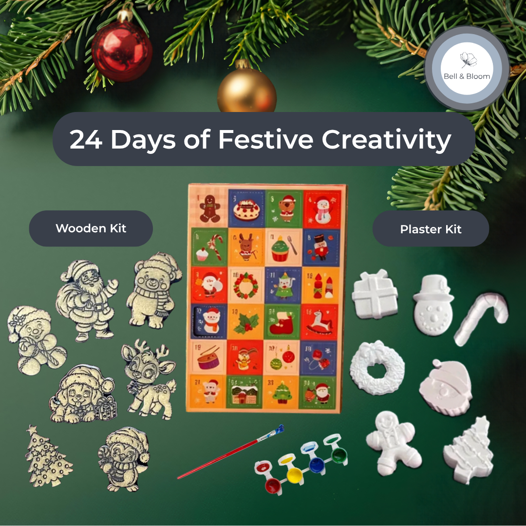 Christmas Advent Calendar wooden and plaster kits with festive decorations, paint and brush